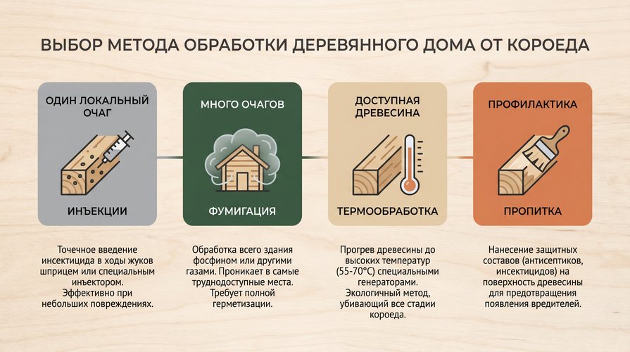 Инфографика выбора метода обработки от короеда: фумигация, термообработка, инъекции или пропитка