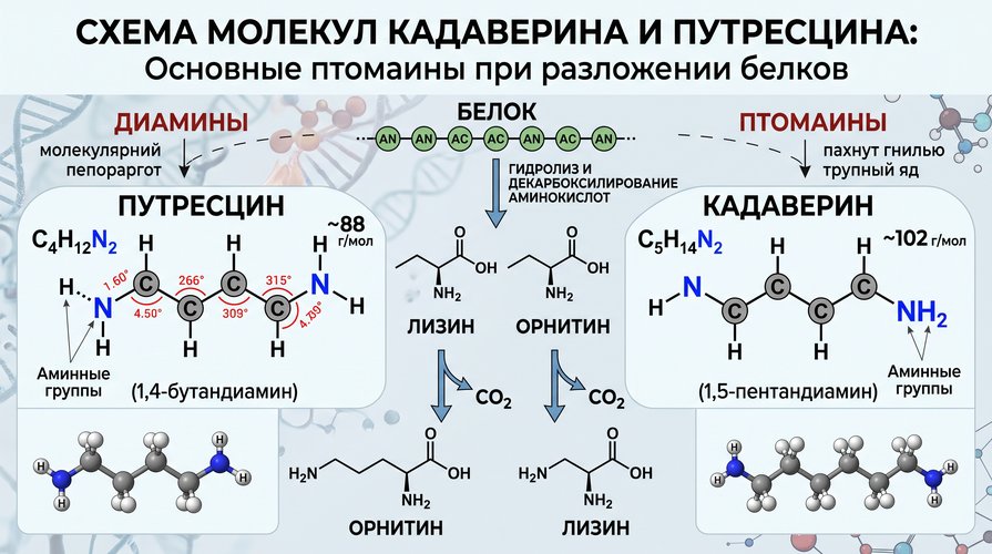 Молекулярные модели кадаверина, путресцина и сероводорода — основных токсичных соединений при разложении