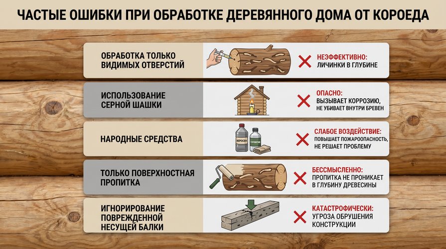 Частые ошибки при обработке от короеда в деревянном доме