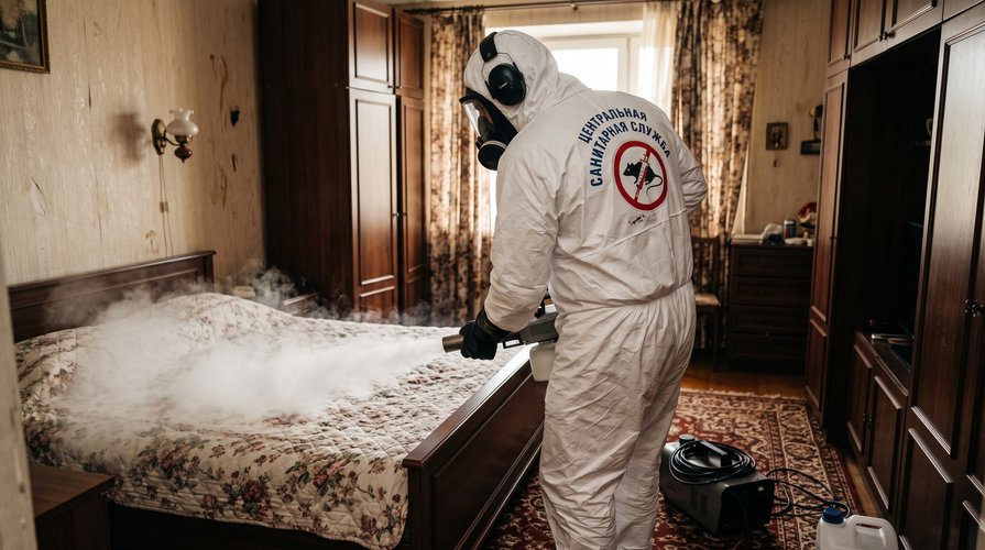 пециалист СЭС-клининга в Уфе в защитном костюме Tyvek проводит профессиональную дезинфекцию квартиры после смерти
