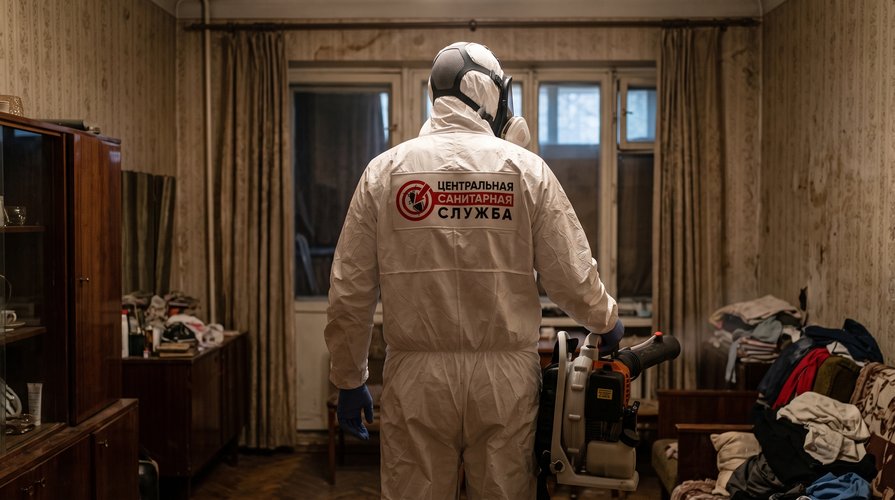 Специалист в полном защитном костюме перед началом обработки от трупного яда