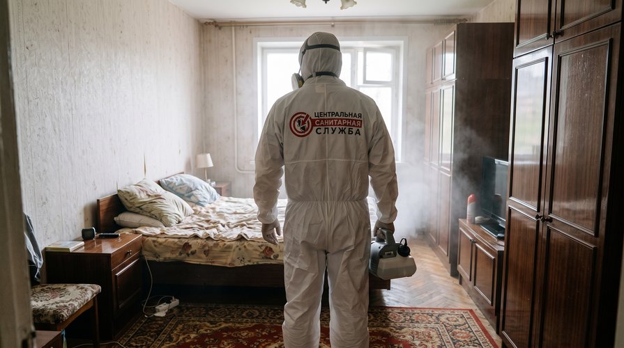 Специалист в защитном костюме после обработки квартиры, где находился умерший