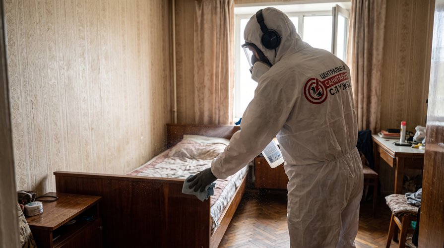 Человек в защитном костюме проводит самостоятельную дезинфекцию квартиры после смерти близкого